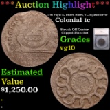 ***Auction Highlight*** 1787 Fugio 1C United States, 4 Cinq Colonial Cent Mint Error 1c Graded vg10