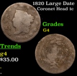 1820 Large Date Coronet Head Large Cent 1c Grades g, good