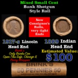 Mixed small cents 1c orig shotgun roll, 1917-s Wheat Cent, 1889 Indian Cent other end, Brinks Wrappe