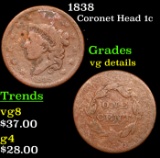 1838 Coronet Head Large Cent 1c Grades vg details