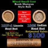 Mixed small cents 1c orig shotgun roll, 1917-d Wheat Cent, 1863 Indian Cent other end, Brinks Wrappe