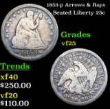 1853-p Arrows & Rays Seated Liberty Quarter 25c Grades vf+