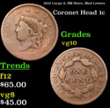 1834 Large 8, SM Stars, Med Letters Coronet Head Large Cent 1c Grades vg+