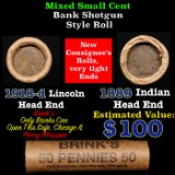 Mixed small cents 1c orig shotgun roll, 1918-d Wheat Cent, 1889 Indian Cent other end, Brinks Wrappe