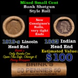 Mixed small cents 1c orig shotgun roll, 1919-s Wheat Cent, 1863 Indian Cent other end, Brinks Wrappe