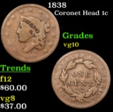 1838 Coronet Head Large Cent 1c Grades vg+