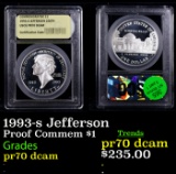 Proof 1993-s Jefferson Modern Commem Dollar $1 Graded GEM++ Proof Deep Cameo BY USCG