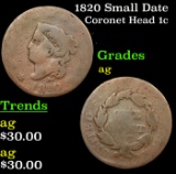 1820 Small Date Coronet Head Large Cent 1c Grades ag