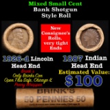 Mixed small cents 1c orig shotgun roll, 1926-d Wheat Cent, 1887 Indian Cent other end, Brinks Wrappe
