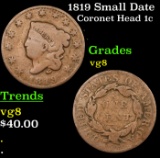 1819 Small Date Coronet Head Large Cent 1c Grades vg, very good