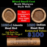 Mixed small cents 1c orig shotgun roll, 1920-d Wheat Cent, 1890 Indian Cent other end, Brinks Wrappe