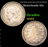 1939 Netherlands Dime 10 Cents KM-163 Grades Select Unc