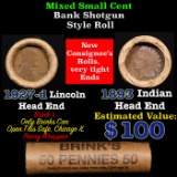 Mixed small cents 1c orig shotgun roll, 1927-d Wheat Cent, 1893 Indian Cent other end, Brinks Wrappe