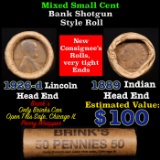 Mixed small cents 1c orig shotgun roll, 1926-d Wheat Cent, 1889 Indian Cent other end, Brinks Wrappe