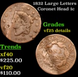 1832 Large Letters Coronet Head Large Cent 1c Grades VF Details