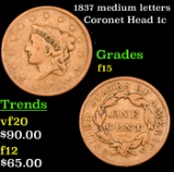 1837 medium letters Coronet Head Large Cent 1c Grades f+
