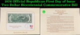 1976 Official Republican First Day of Issue Two Dollar Bicentennial Commemorative Bill Grades NG