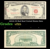 1953A $5 Red Seal Fancy Serial United States Note Grades vf+
