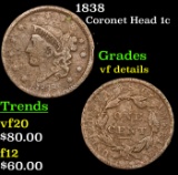 1838 Coronet Head Large Cent 1c Grades vf details