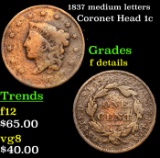 1837 medium letters Coronet Head Large Cent 1c Grades f details