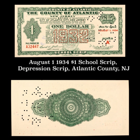 August 1 1934 $1 School Scrip, Depression Scrip, Atlantic County, NJ Grades NG