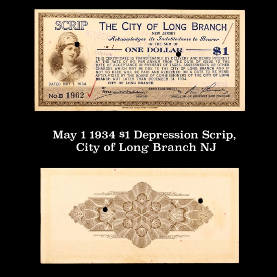 May 1 1934 $1 Depression Scrip, City of Long Branch NJ Grades NG