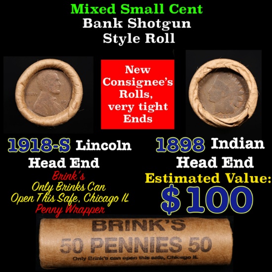 Mixed small cents 1c orig shotgun roll, 1918-s Wheat Cent, 1898 Indian Cent other end, Brinks Wrappe