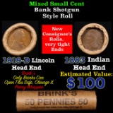 Mixed small cents 1c orig shotgun roll, 1916-d Wheat Cent, 1883 Indian Cent other end, Brinks Wrappe