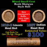 Mixed small cents 1c orig shotgun roll, 1919-d Wheat Cent, 1887 Indian Cent other end, Brinks Wrappe
