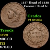 1837 Head of 1838 Coronet Head Large Cent 1c Grades vf details