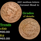 1837 medium letters Coronet Head Large Cent 1c Grades vf details