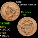 1838 Coronet Head Large Cent 1c Grades vf+