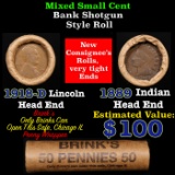 Mixed small cents 1c orig shotgun roll, 1918-d Wheat Cent, 1889 Indian Cent other end, Brinks Wrappe