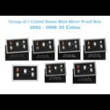 Group of 7 United States Silver Mint Proof Sets in Original Packaging, 1992 to 1998, 35 Coins Inside