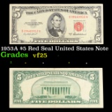 1953A $5 Red Seal Fancy Serial United States Note Grades vf+