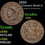 1833 Coronet Head Large Cent 1c Grades vf+