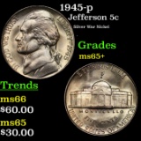 1945-p Jefferson Nickel 5c Grades GEM+ Unc