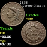 1838 Coronet Head Large Cent 1c Grades vg+
