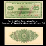 Nov 1 1933 $1 Depression Scrip, Borough of Westville, Gloucester County NJ Grades NG