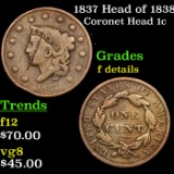 1837 Head of 1838 Coronet Head Large Cent 1c Grades f details