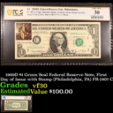PCGS 1969D $1 Green Seal Federal Reserve Note, First Day of Issue with Stamp (Philadelphia, PA) FR-1