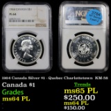 NGC 1964 Canada Silver $1 - Quebec Charlottetown  KM-58 Graded ms64 PL By NGC