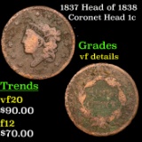 1837 Head of 1838 Coronet Head Large Cent 1c Grades vf details