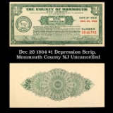 Dec 20 1934 $1 Depression Scrip, Monmouth County NJ Uncancelled Grades NG