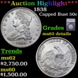 ***Auction Highlight*** 1838 Capped Bust Half Dollar 50c Graded ms62 details By SEGS (fc)
