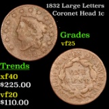 1832 Large Letters Coronet Head Large Cent 1c Grades vf+