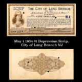 May 1 1934 $1 Depression Scrip, City of Long Branch NJ Grades NG