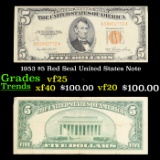 1953 $5 Red Seal Fancy Serial United States Note Grades vf+