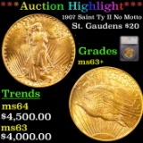 ***Auction Highlight*** 1907 Saint Ty II No Motto Gold St. Gaudens Double Eagle $20 Graded ms63+ By