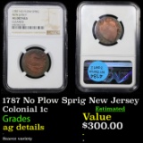 NGC 1787 No Plow Sprig New Jersey Colonial Cent 1c Graded ag details By NGC